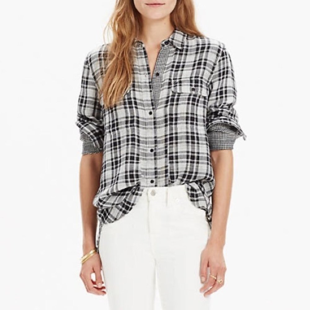 Madewell Ex-Boyfriend Shirt in Kemp Plaid Buttondown Top Black White Size XS GUC